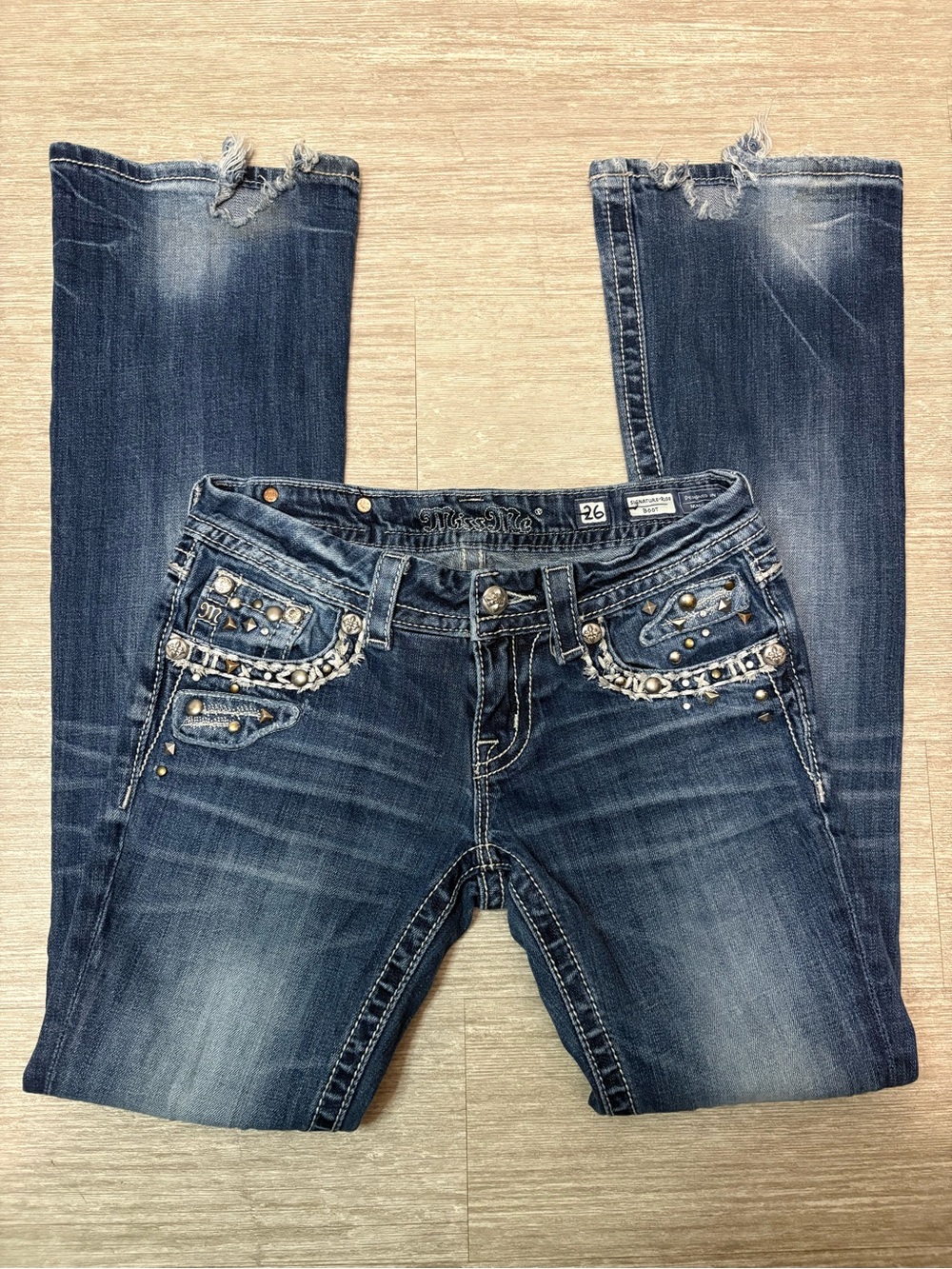 Miss Me Dark Blue Boot Cut Jeans with Stud & Rhinestone Accents